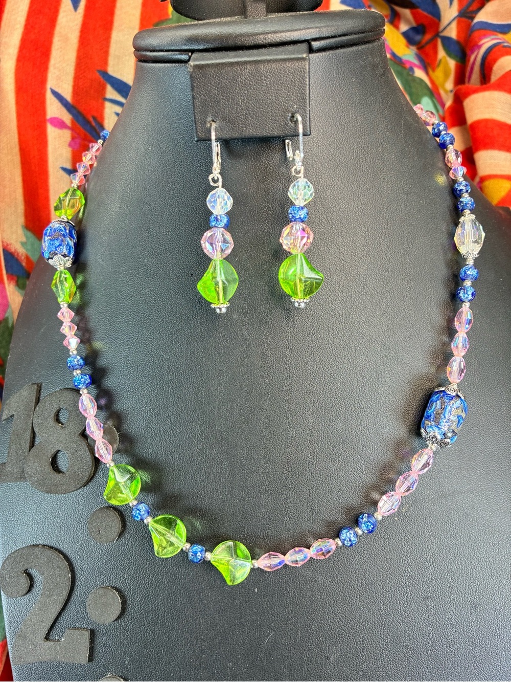 Handmade Green & Pink Crystal Beaded Necklace and Earring Set